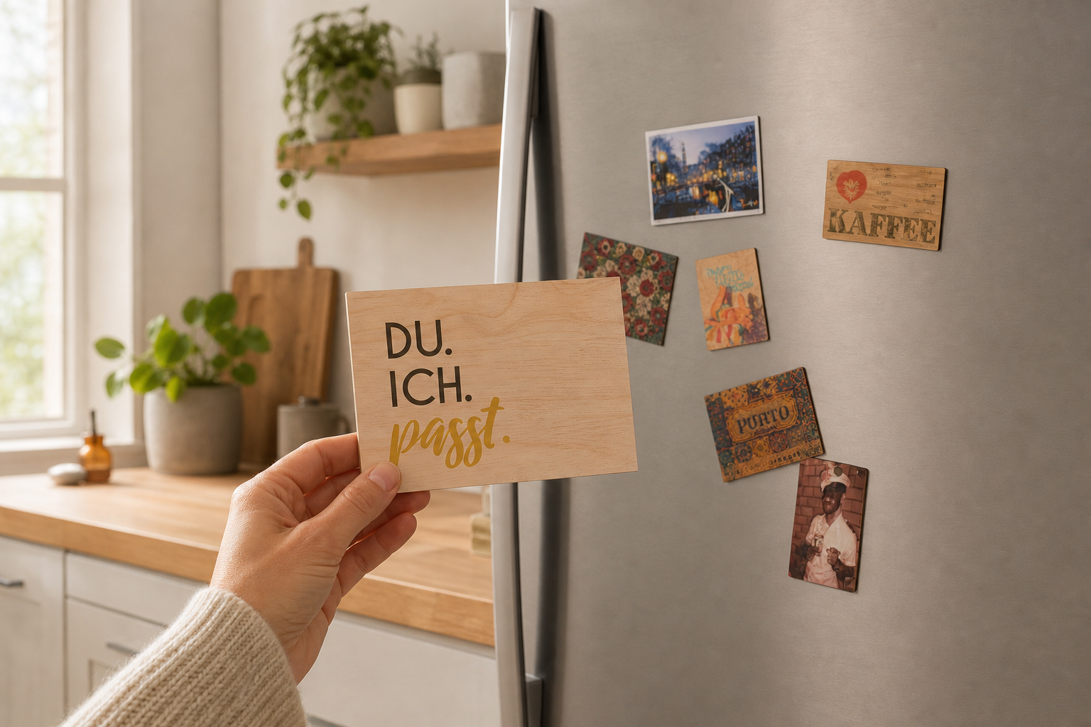Woodcardz am Kühlschrank
