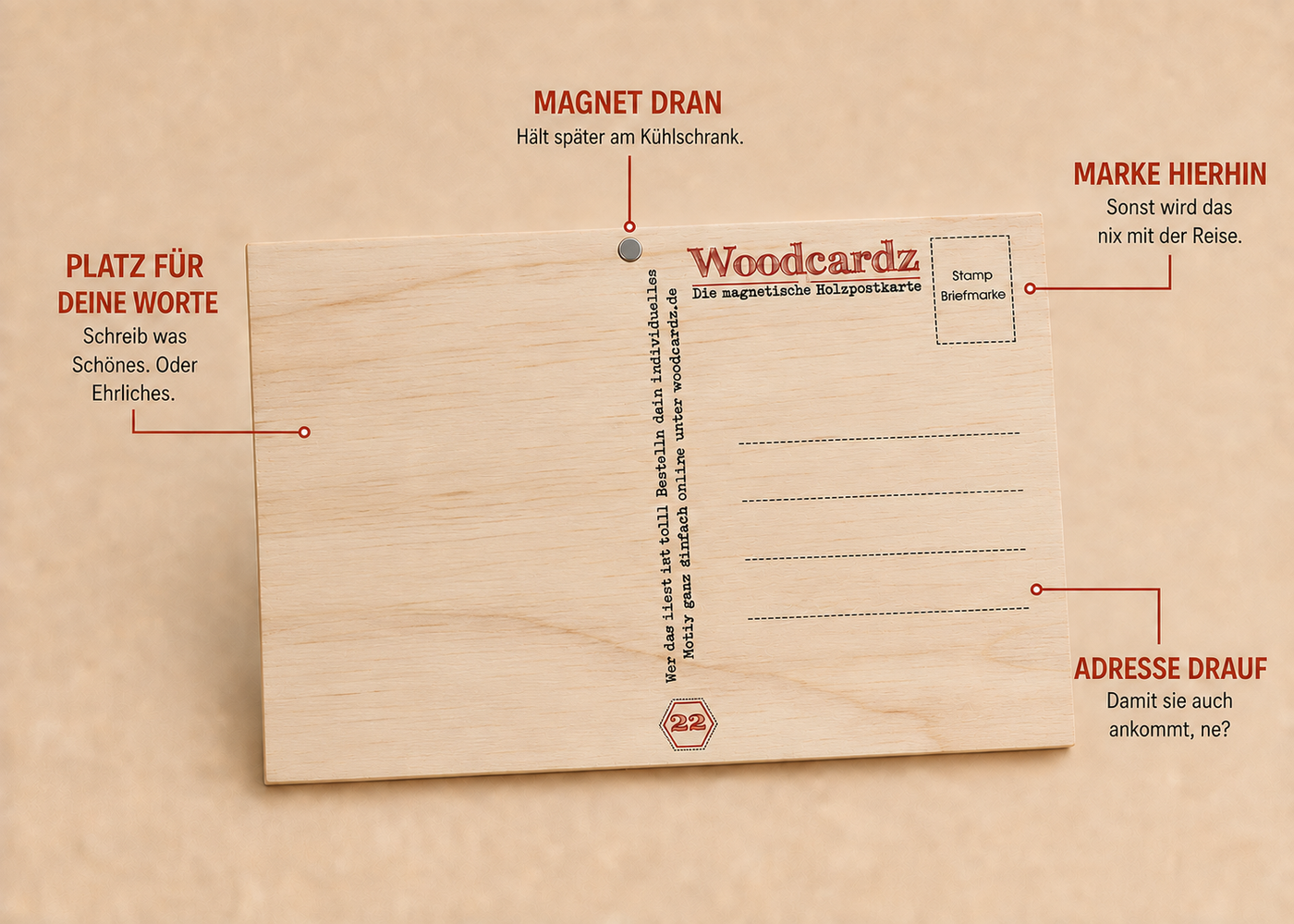 Woodcardz Rückseite mit Magnet, Textfeld, Adresse und Briefmarke
